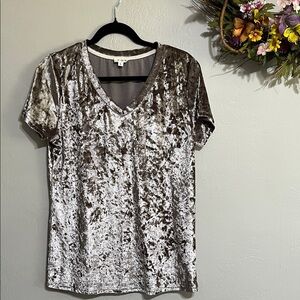 POL Crushed Velvet V-Neck Tee in Metallic Deep Beige